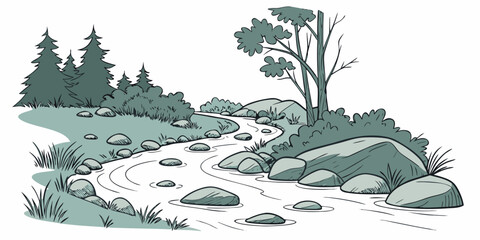 A serene landscape with a winding stream and trees Vector ©  MST RABEYA  BEGUM