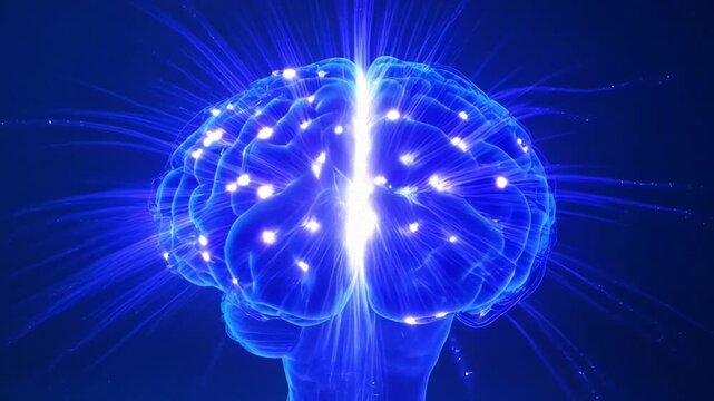 Abstract neon blue brain network visualization highlighting neural activity and digital connectivity.