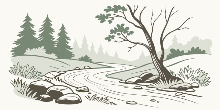 A tree uprooted on the ground with pine trees in the background Vector