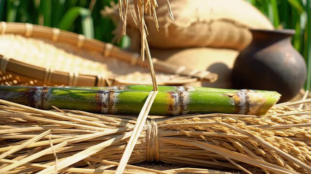 Golden rice grains, fresh sugarcane, and traditional pottery symbolize the abundant indian harvest during vaisakhi celebrations.