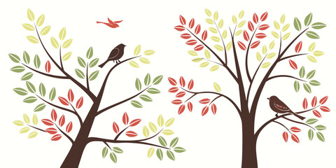 Two trees with colorful leaves and birds on the branches Vector ©  MST RABEYA  BEGUM