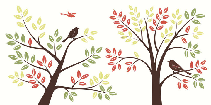 Two trees with colorful leaves and birds on the branches Vector