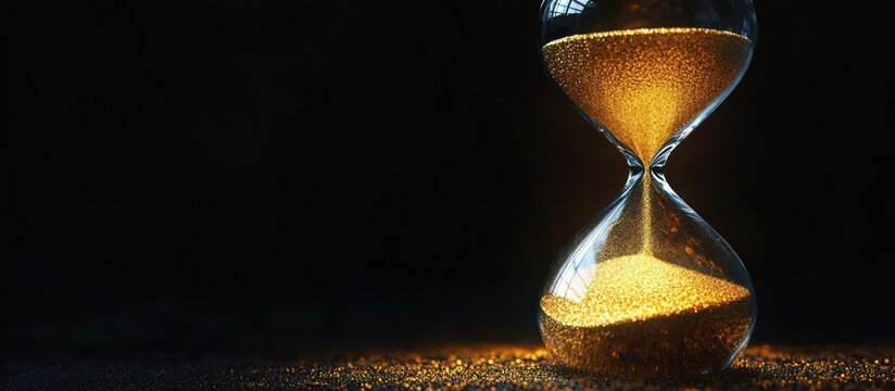 glass hourglass with glowing golden sand flowing into a shimmering pile on a dark background, evoking quiet contemplation and the passage of time