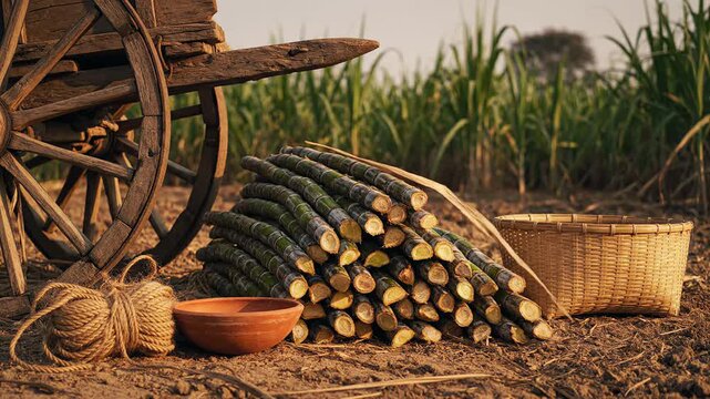 Freshly cut sugarcane stalks stacked on dry earth next to a traditional wooden cart in an indian agricultural field, representing harvest season.