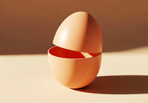 A pale peach plastic easter egg open, revealing a vibrant red interior, casting dramatic shadows on a warm beige surface.