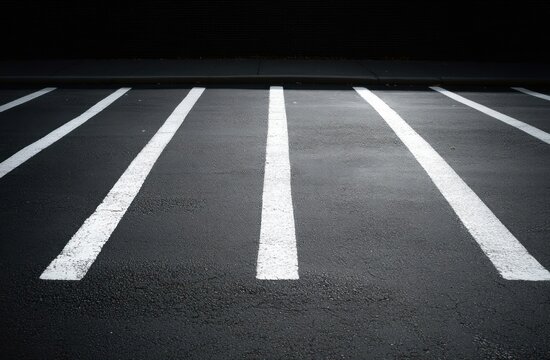 empty asphalt parking area with five parallel white painted lines, curb and sidewalk, minimal calm and isolated atmosphere
