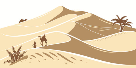 Fototapeta na wymiar A desert landscape with a camel and palm trees Vector