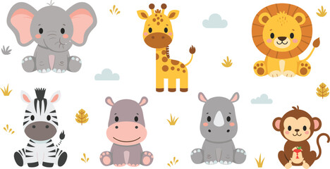 Cute Safari Animals Illustration Set Featuring Elephant, Giraffe, Lion, Zebra, Hippo, Rhino, and Monkey for Kids Wildlife Cartoon Design. © MstSuborna