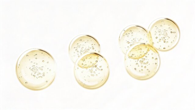 Golden oil capsules with bubbles isolated on white background pure vitamin supplement droplets natural skincare essence healthy nutrition concept pharmaceutical ingredient glossy
