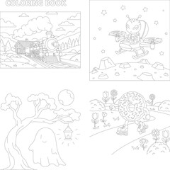 Obraz premium Playful coloring book page: train, bee, ghost, donut skater - children's activity outline, line art, roller skates, mountains landscape