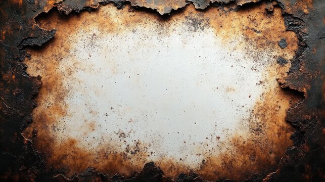 rusted peeling metal frame surrounding a weathered white center conveying gritty industrial decay and aged distressed texture