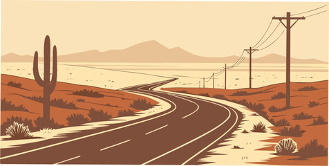 A winding road through a desert landscape with cacti and power lines Vector ©  MST RABEYA  BEGUM