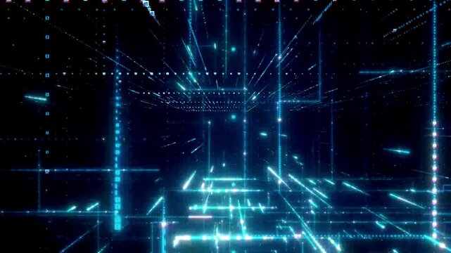 Futuristic digital tunnel with glowing blue lines and dots moving in a dark space creating a sense of high tech virtual reality and advanced