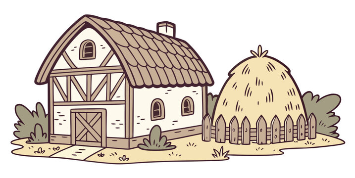 A white house with a brown roof and a haystack Vector