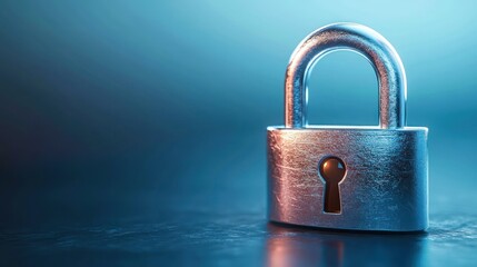 Fototapeta premium shiny metal padlock on reflective surface with cool blue gradient background evoking security and protection