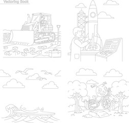 Obraz premium Engaging coloring book set: heavy equipment bulldozer, rocket launch, ocean waves, fantasy pumpkin carriage, space exploration