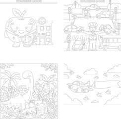 Fototapeta premium Educational coloring book pages: apple city character, busy traffic scene, jungle dinosaur, airplane banner, police officer