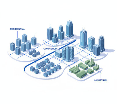 Isometric illustration of urban planning, displaying distinct residential, commercial, and industrial zones interconnected by infrastructure, for efficient city development