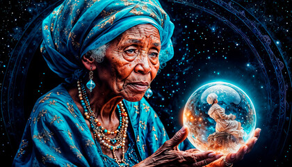 Obraz premium mysterious fortune teller with piercing eyes predicts fate on a magic ball