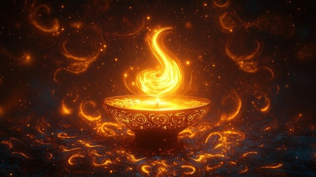 ornate golden bowl holding a swirling luminous flame with glowing sparks and intricate filigree, evoking warm serene mystic wonder