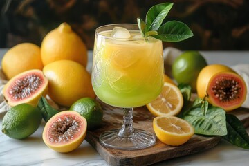Fototapeta premium Refreshing two-tone citrus and guava cocktail with ice and leafy garnish surrounded by lemons limes and halved pink guavas on a wooden board