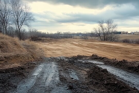 muddy rutted dirt road leading through barren winter field under heavy cloudy sky with leafless trees and distant buildings, cold somber and desolate atmosphere