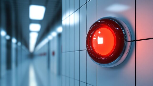 Glowing red emergency alarm button on white tiled wall in empty sterile corridor under cool blue lighting, creating a tense urgent atmosphere