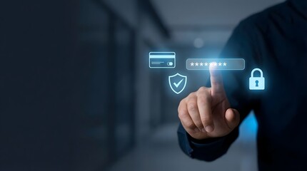 Fototapeta premium Hand entering password on digital interface with security icons in blue futuristic lighting for online safety.