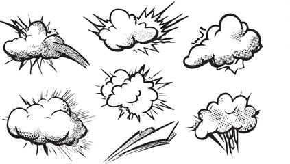 Set of black and white comic book explosion and smoke cloud shapes with halftone dot texture © miht3325