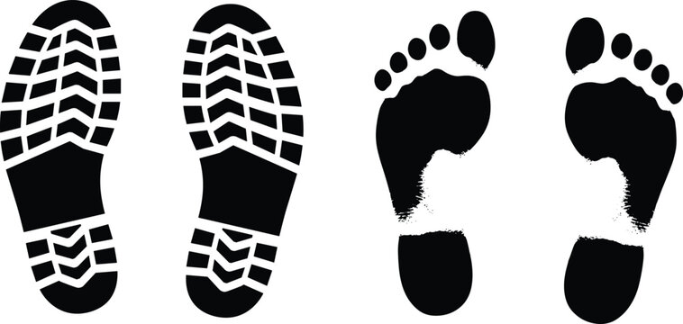 Set of boot sole and human barefoot prints collection, black footprint icons, tracking detective elements, vector shoe mark sketches set