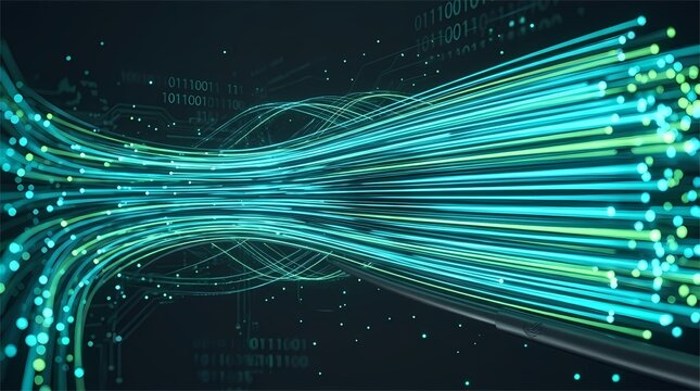 Horizontal stream of fiber-optic cables carrying high-speed data pulses in cyan and lime green. Motion blur on a dark charcoal background. Sleek telecommunications and internet theme