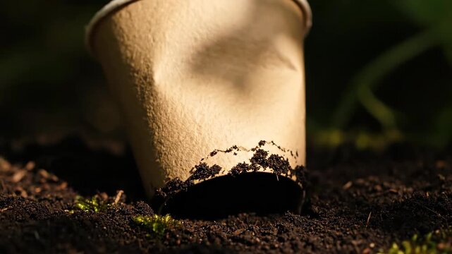 Biodegradable paper cup on soil, environmental concept. Sustainable, nature.