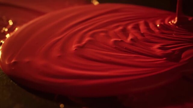 Abstract paint pour creating rich red texture, dark background. Fluid art.