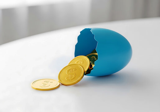 A bright blue plastic easter egg open, spilling out golden coins on a white surface.