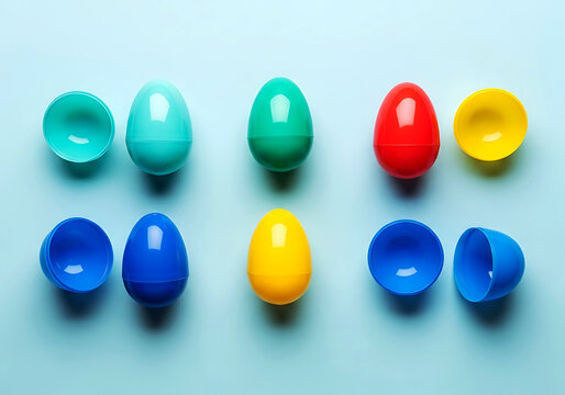 A colorful collection of plastic easter egg open halves and whole eggs scattered on a light blue surface, creating a vibrant display of spring celebration.