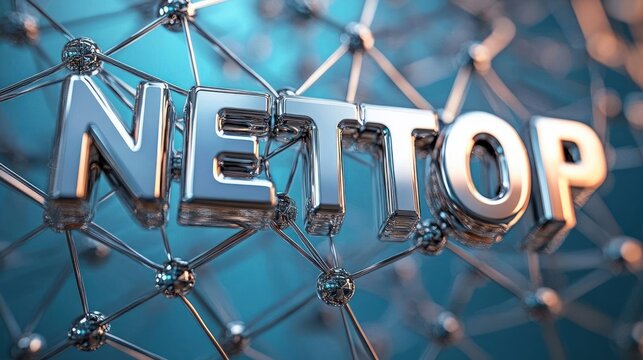 3d metallic letters spelling nettop connected with networked nodes forming a futuristic technological web on blue background