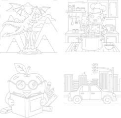 Fototapeta premium Engaging coloring book pages with dragon, chef cooking, apple reading, and city car adventure, apple character, coloring page