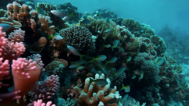 Vibrant Coral Reef and Tropical Fish. A beautiful underwater scene featuring colorful hard and soft corals with a school of small tropical fish swimming in clear blue water.