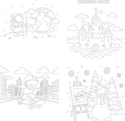 Fototapeta premium Kids' coloring book pages set: astronaut, medieval castle, skater in city, and snowman artist black and white line art
