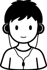 Obraz premium Hand Drawn Boy Wearing Headphones Black and White Avatar Illustration in Minimal Line Art Style Design
