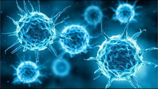 Explore Different Shapes of Blue Cells in a Lab Setting Under a Microscope During a Scientific Study at Night