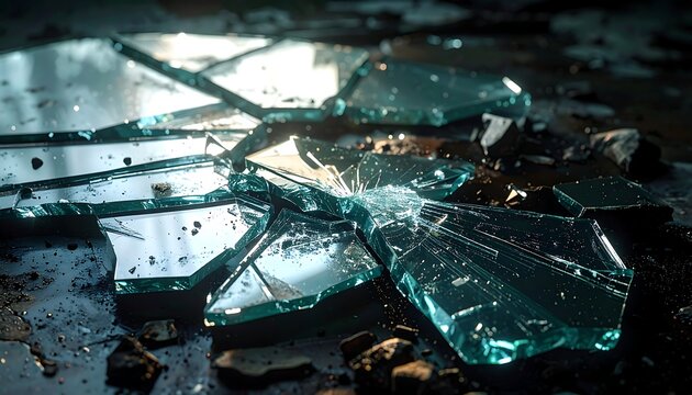 Shattered glass on a dark surface with sharp fragments