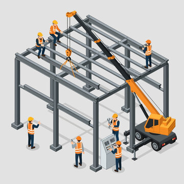 Isometric view of construction workers assembling a steel frame building with a crane.