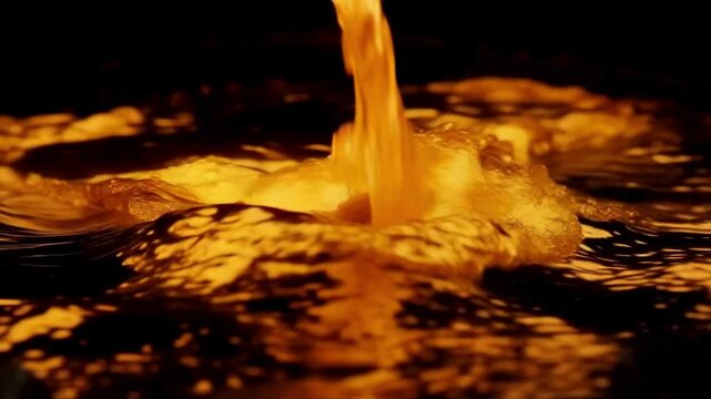 Molten Gold Pouring in Slow Motion. A mesmerizing close-up of glowing liquid gold or molten metal being poured, creating ripples and golden waves on a dark background.