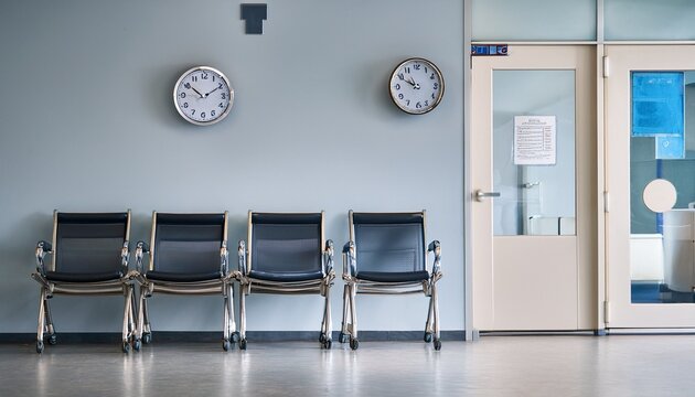 a hospital waiting room with four chairs and a clock on the wall