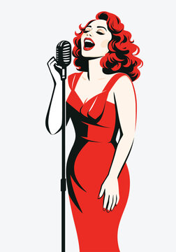 073-15-Female vocalist in red dress passionately singing into a vintage microphone