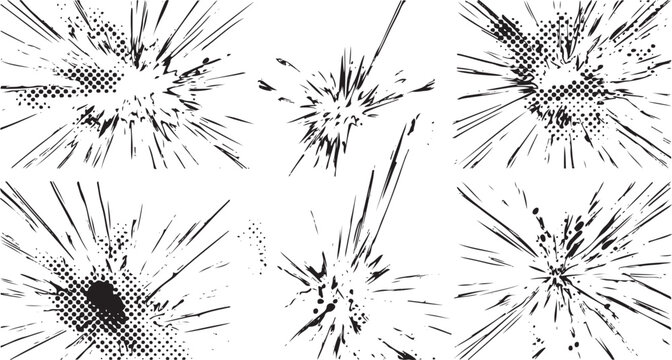 Black and white comic book style explosion burst shapes with halftone dots