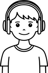 Obraz premium Hand Drawn Boy Wearing Headphones Black and White Avatar Illustration in Minimal Line Art Style Design
