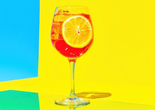 Refreshing Orange Spritz Cocktail in Large Wine Glass with Citrus Slice on Bright Blue and Yellow Background for Hospitality Marketing and Summer Advertising