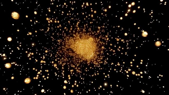 Explosion of Golden Particles on Black. A cinematic 3D animation of golden spheres and sparks exploding from the center and flying towards the camera in deep space.